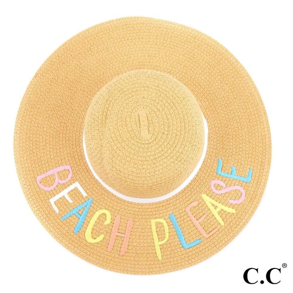 C.C (Natural/Multi) "Beach Please" Paper Straw Wide Brim Sun Hat with Ribbon